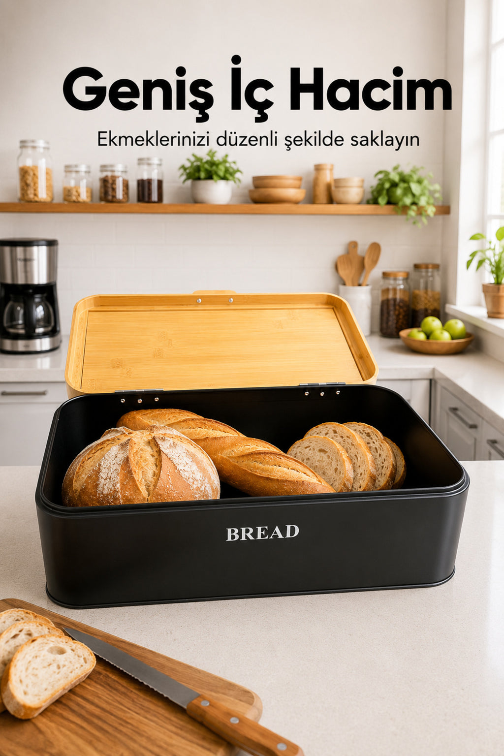 Dikdörtgen Ahşap Kapaklı Metal Ekmek Kutusu Ve 3lü Yuvarlak Çay Kahve Şeker Saklama Kabı Seti Siyah