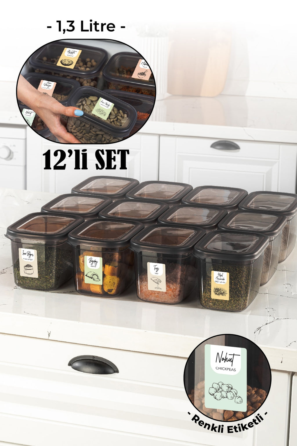 Renkli Etiketli 12li Set Peggy Dikdörtgen Saklama Kabı 1,3 Litre Antrasit