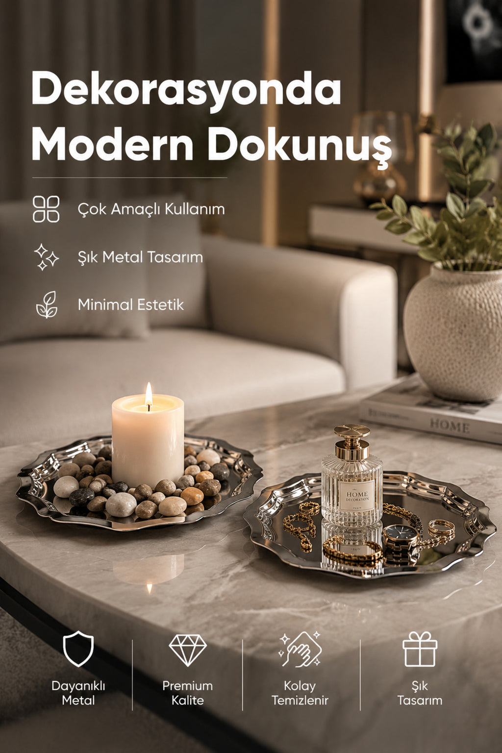2'li Metal Sunum Tabağı Seti 24 cm - çiçek dekor sunum tepsi