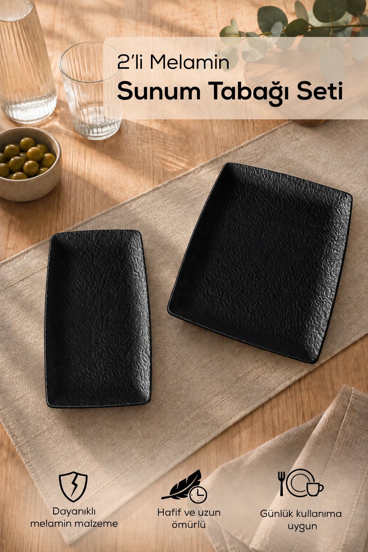 2 Adet Melamin Sunum Tabağı Seti, Sunum Tabağı,Servis Tabağı-Desenli Kırılmaz Servis Tabağı- Siyah