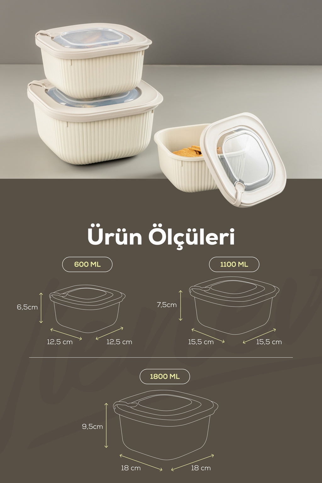 6'lı 2x(600-1100-1800 ML) Mikrodalga Ve Difrize Uygun Vip Kapaklı Özel Saklama Kabı Seti Bej