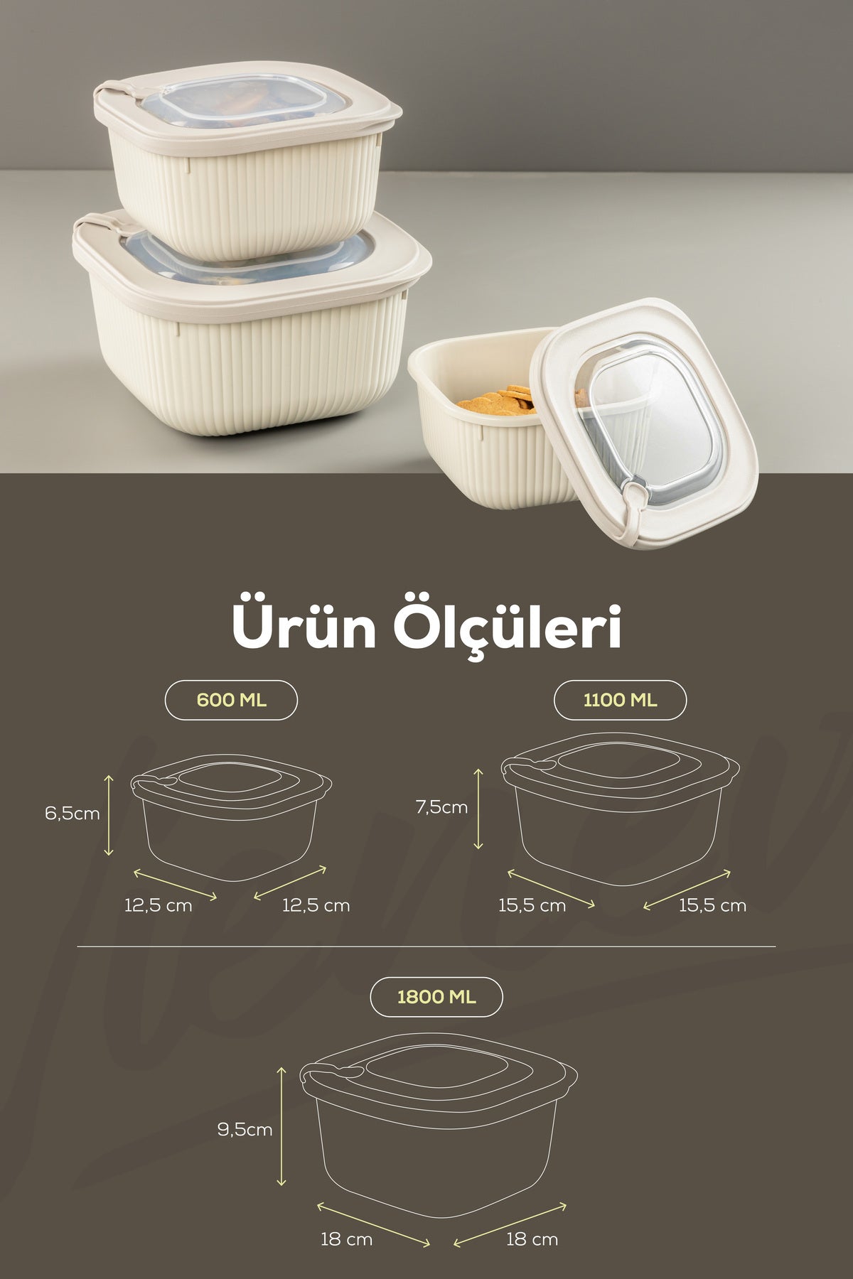 6'lı 2x(600-1100-1800 ML) Mikrodalga Ve Difrize Uygun Vip Kapaklı Özel Saklama Kabı Seti Bej
