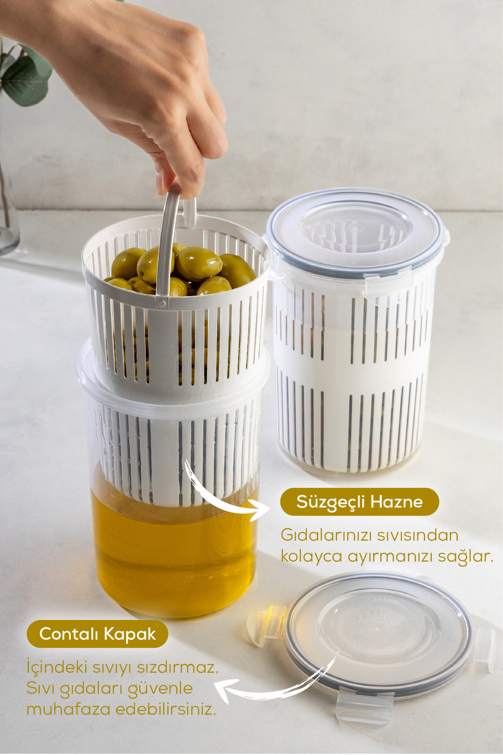 Süzgeçli Saklama Kabı Zeytinlik Turşuluk 1,5 Litre