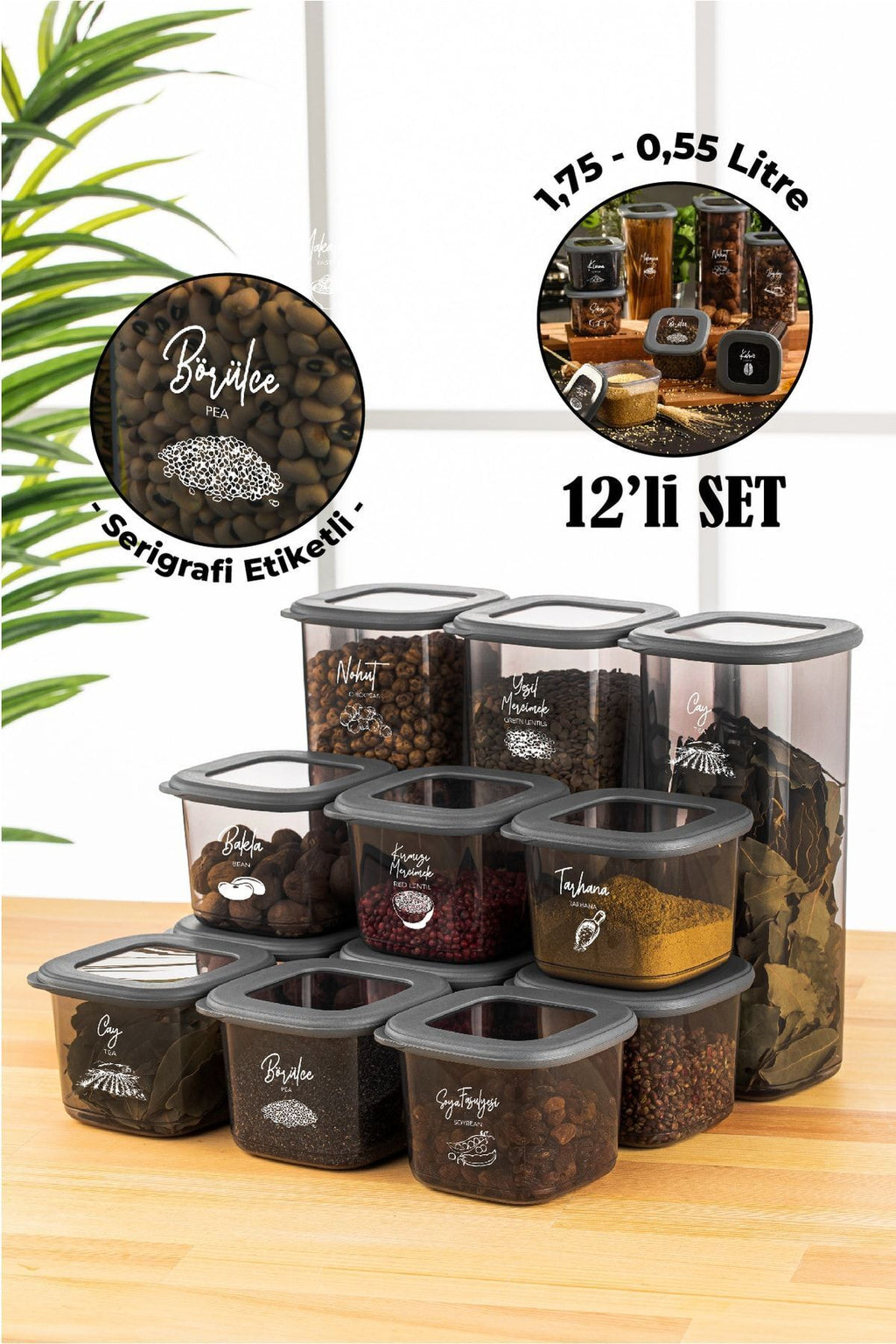 Serigrafi Etiketli 12li Foly Kare Erzak Saklama Kabı 9x(0,55 Litre) 3x(1,75 Litre) Antrasit
