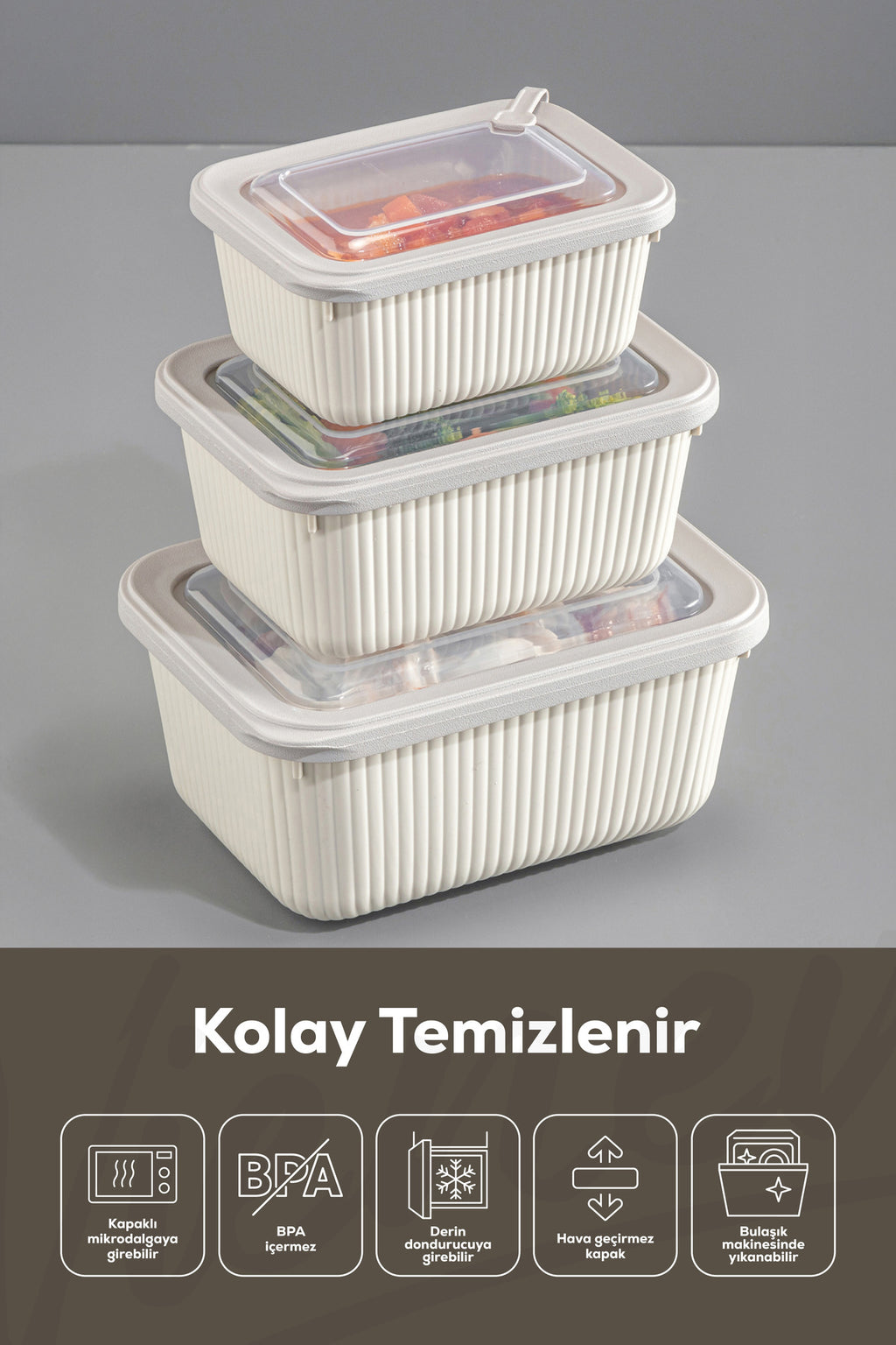 12'li Vip Dikdörtgen Mikrodalga Ve Difrize Uygun Saklama Kabı Seti Bej 4x(1750,1050,600 ml)