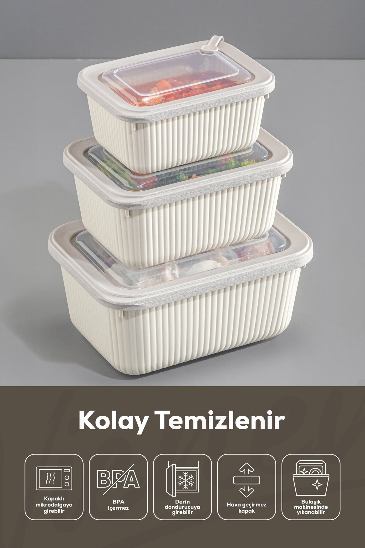 12'li Vip Dikdörtgen Mikrodalga Ve Difrize Uygun Saklama Kabı Seti Bej 4x(1750,1050,600 ml)