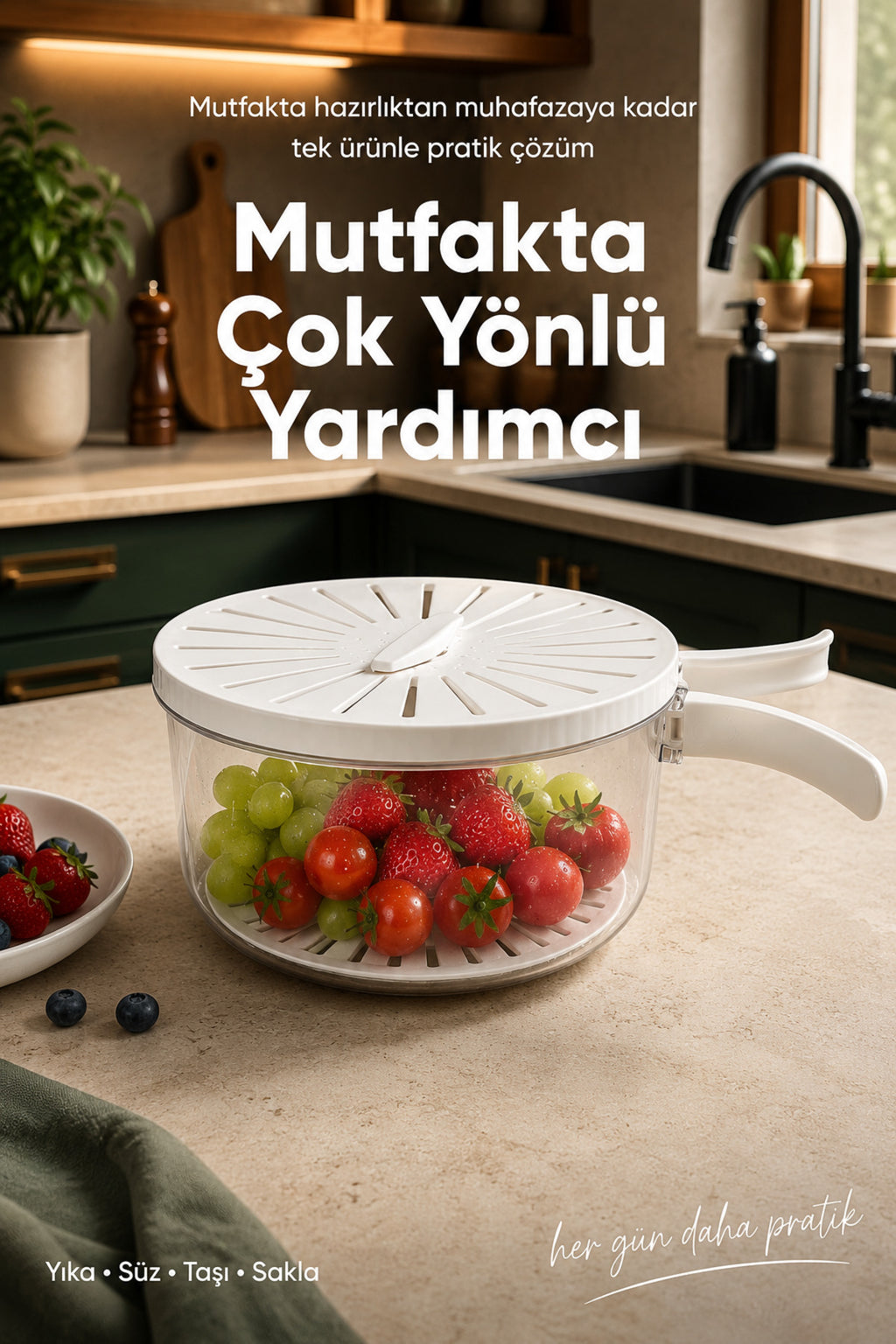 Kulplu Süzgeçli Şeffaf Saklama Kabı Kapaklı Sebze Meyve Yıkama ve Muhafaza Kabı
