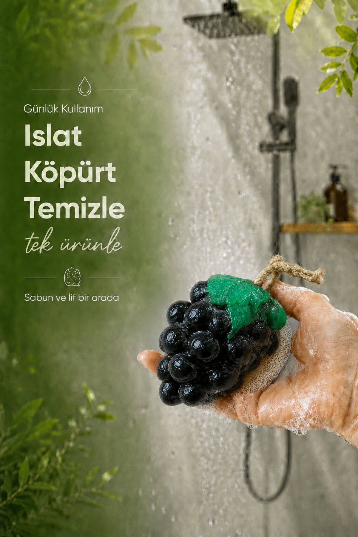 Siyah Üzüm Şekilli Lifli Katı Sabun 10,5x7x5,2 cm Peeling EtkiliAsılabilir Dekoratif Banyo El Sabunu