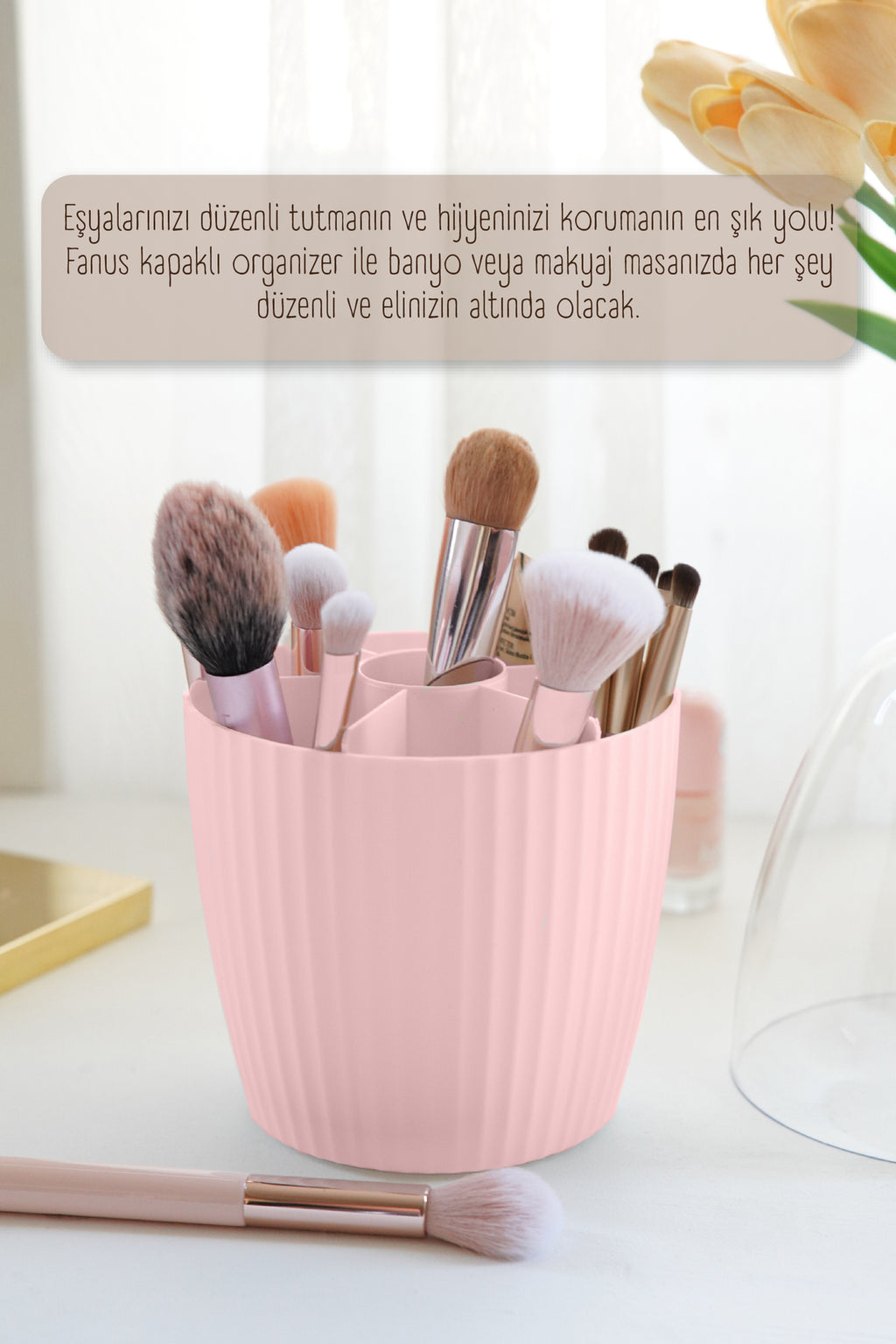 2'li Fanus Kapaklı 7 Bölmeli Makyaj Organizeri Pembe