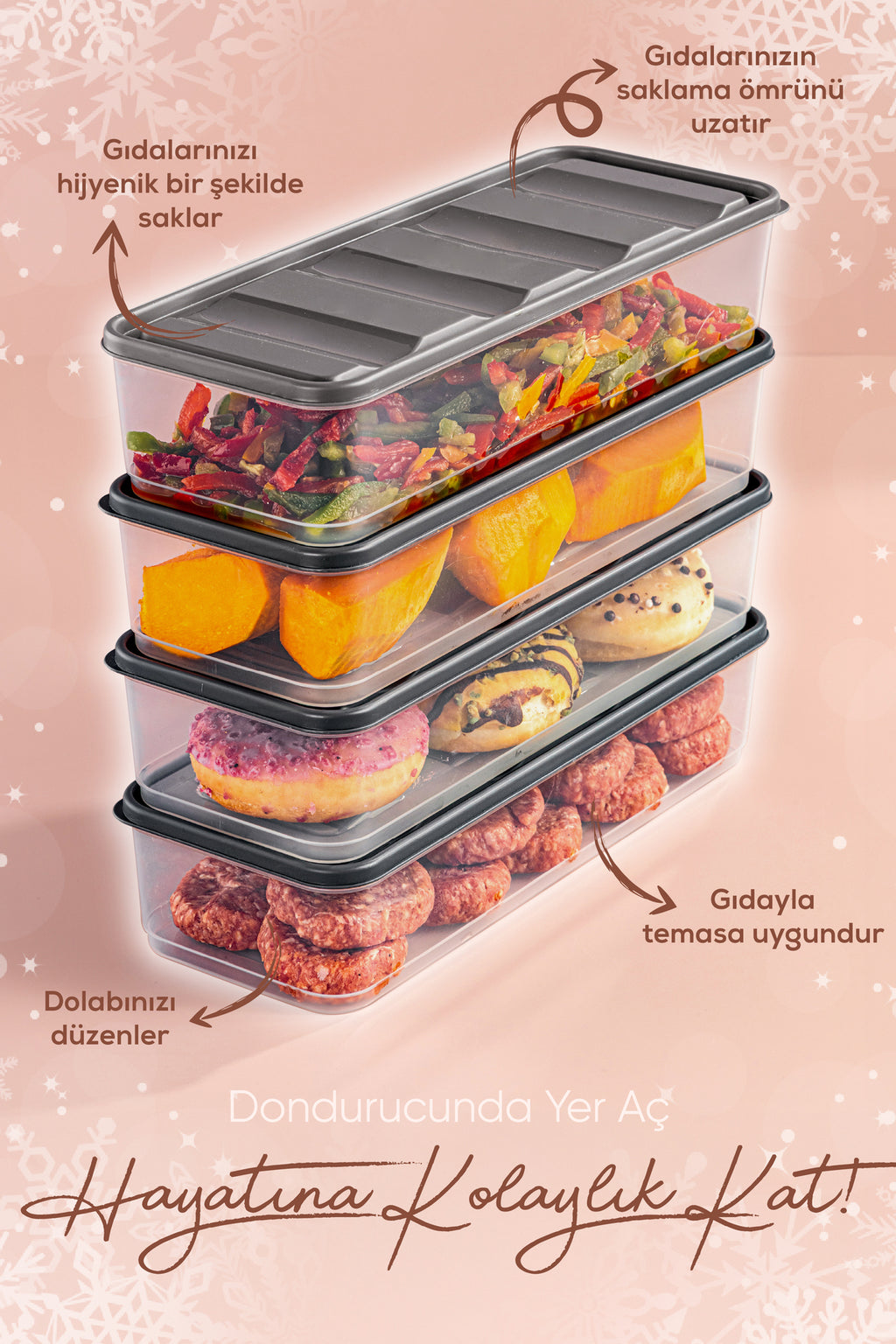 4'lü 1,65 Litre Buzdolabı Düzenleyici Organizer Mikrodalgaya Uygun Difriz Saklama Kabı Gri