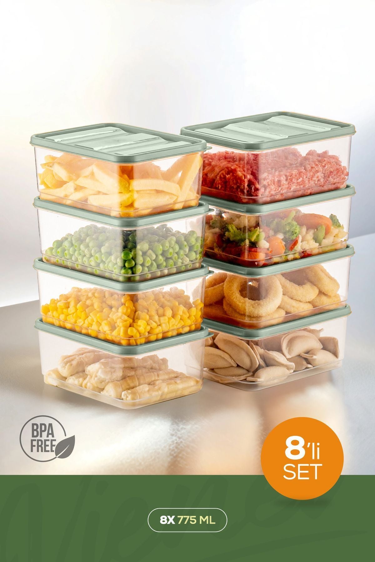 8'li Buzdolabı Düzenleyici Organizer Mikrodalgaya Uygun Difriz Saklama Kabı Mint