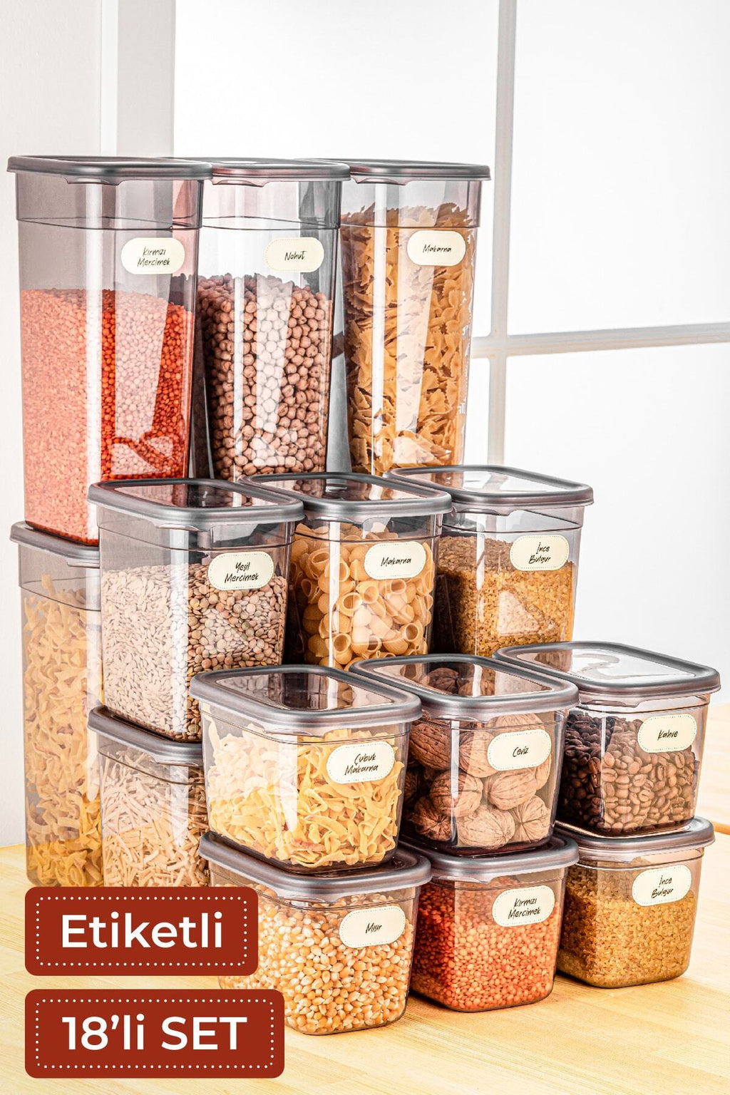 Etiketli 18li Peggy Dikdörtgen Saklama Kabı 6x((1,3 L, 2 L, 3,2 L) Antrasit