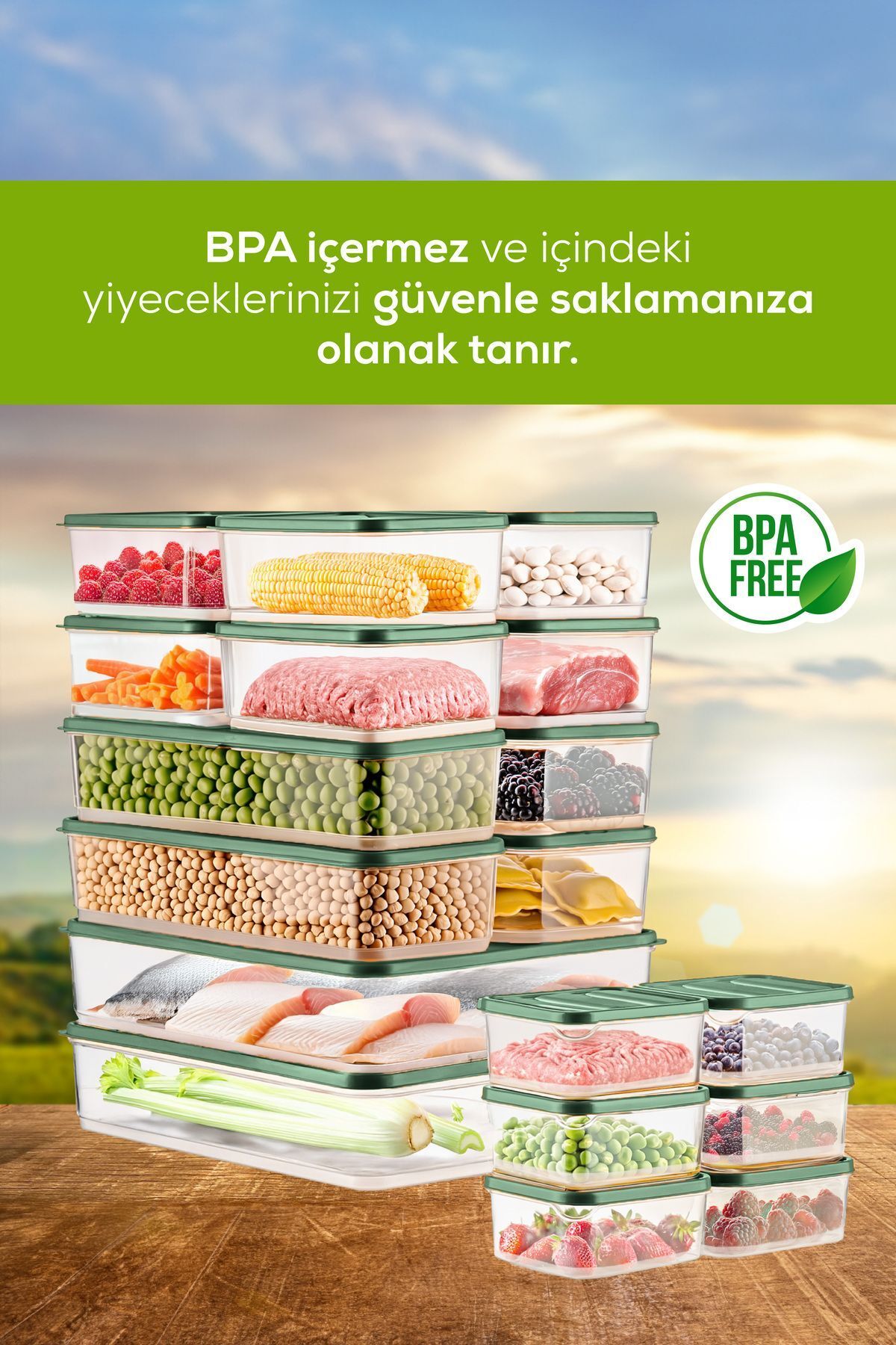 20'li Buzdolabı Düzenleyici Organizer Mikrodalgaya Uygun Difriz Saklama Kabı Yeşil