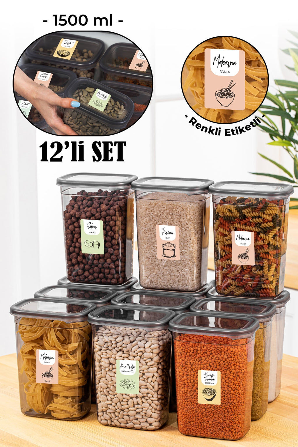 Renkli Etiketli 12li Peggy Dikdörtgen Saklama Kabı Seti 1500 Ml Antrasit