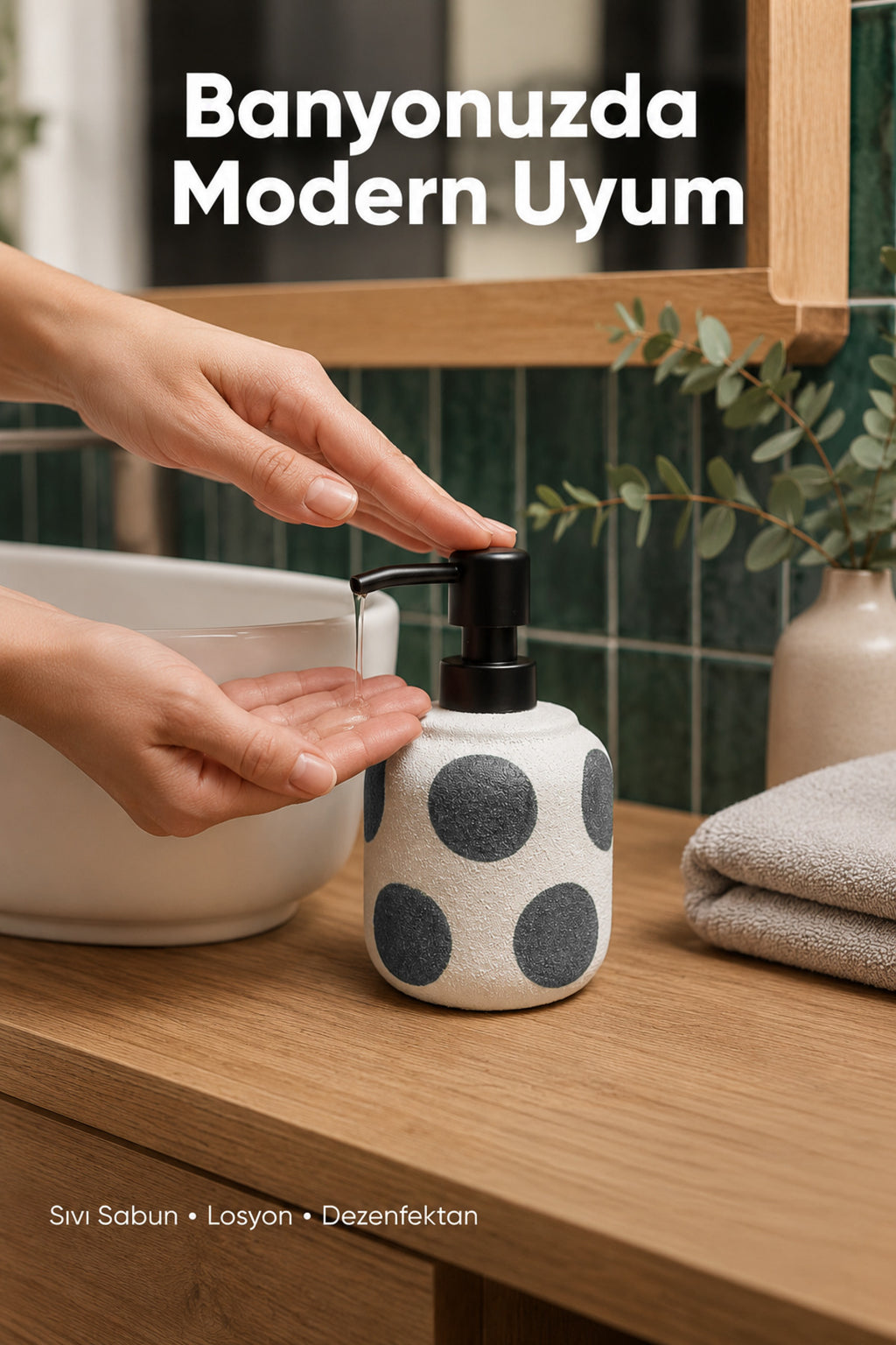 Gri Puantiyeli Seramik Sıvı Sabunluk 380 ml Beyaz Lüks Banyo Mutfak Sıvı Sabunluk