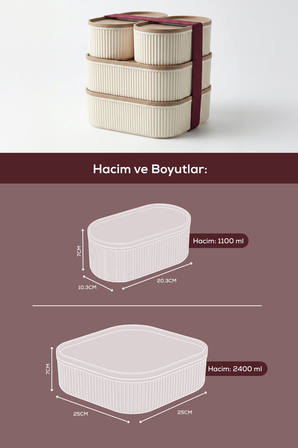4'lü Elastik Bantlı İstiflenebilir Pratik Saklama Kabı Seti 2x(1100 ml) 2x(2400 ml) Bej