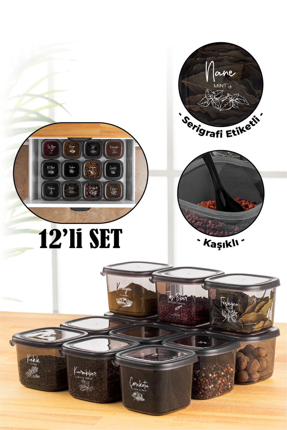 Beyaz Serigrafi Etiketli Kaşıklı 12li Peggy Erzak Saklama Kabı 0,55 Litre Baharatlık Antrasit