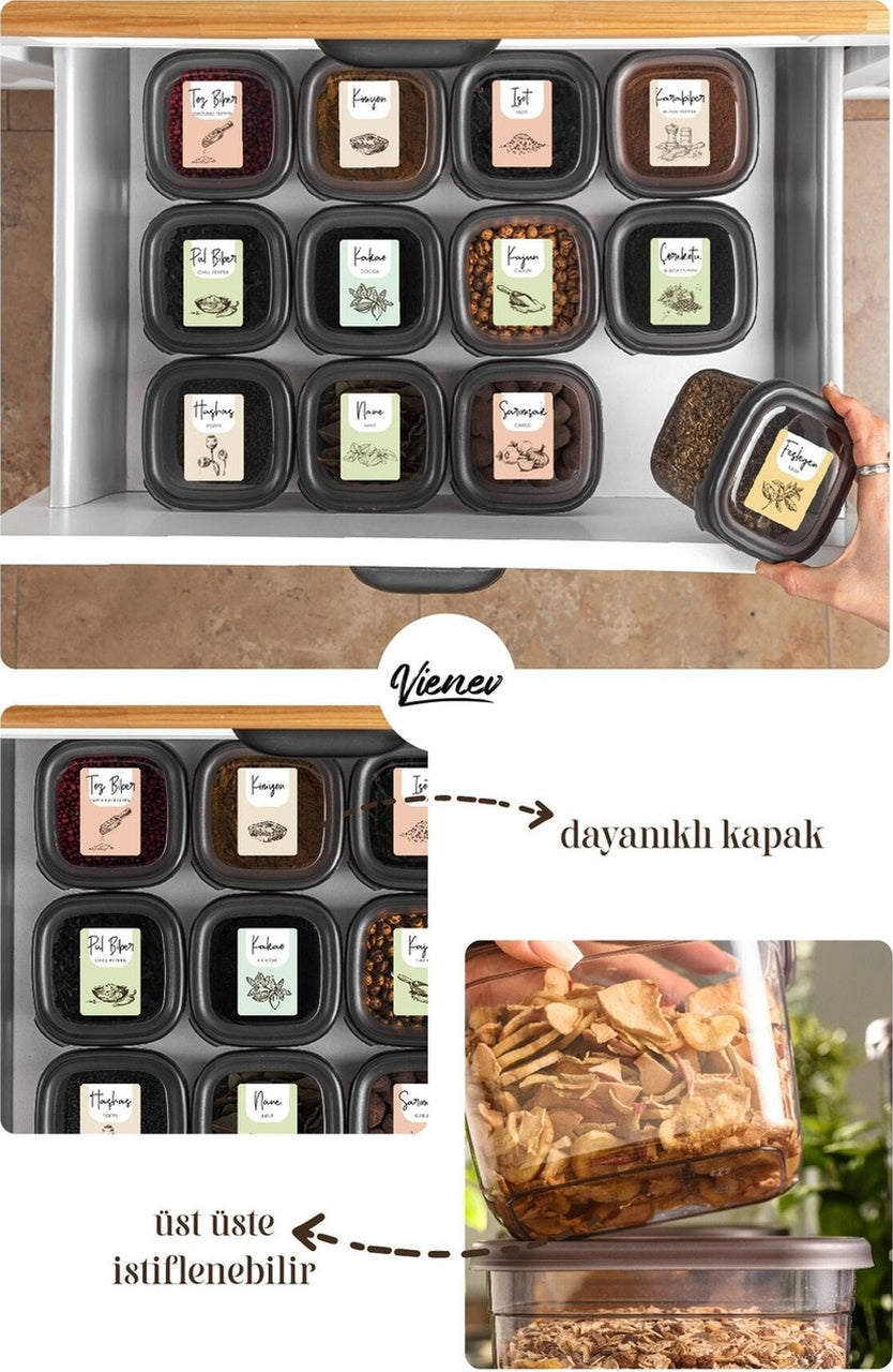 36lı Renkli Etiketli Peggy Kare Erzak Ve Baharat Full Set 8x(1,75, 1,2, 0,55) 12x(0,45) Ant