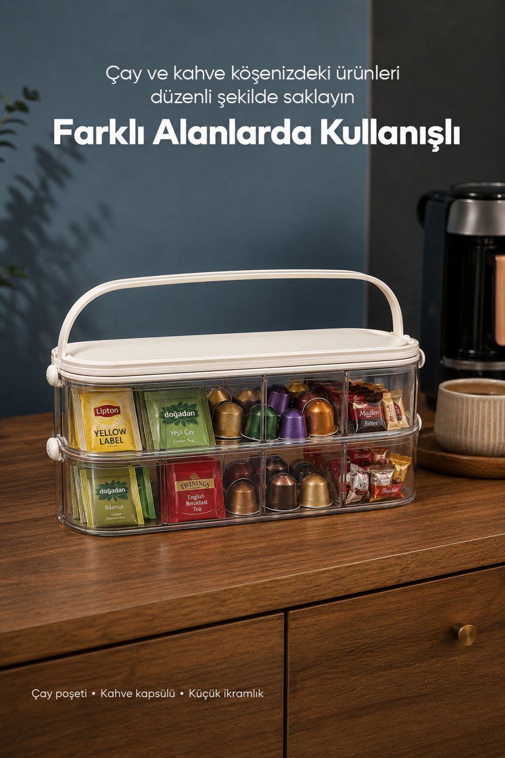 Kapaklı Kulplu 2 Katlı Şeffaf Saklama Kabı Çok Bölmeli Taşınabilir Organizer Kutusu