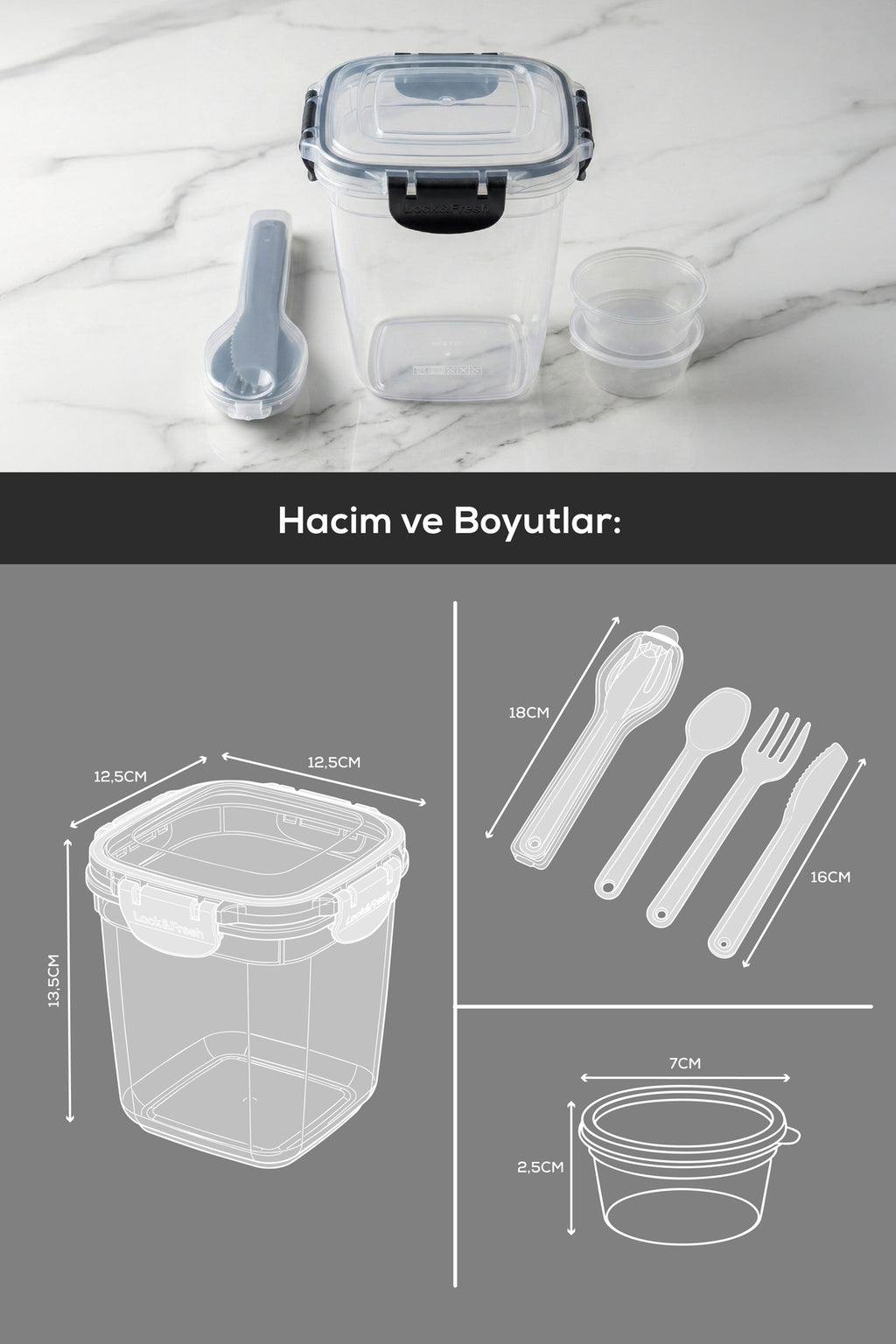 Kilitli Kapak 1075ml Yemek Saklama Kabı - 2 Sosluk ve Kaşık Setli Pratik Öğün Kabı