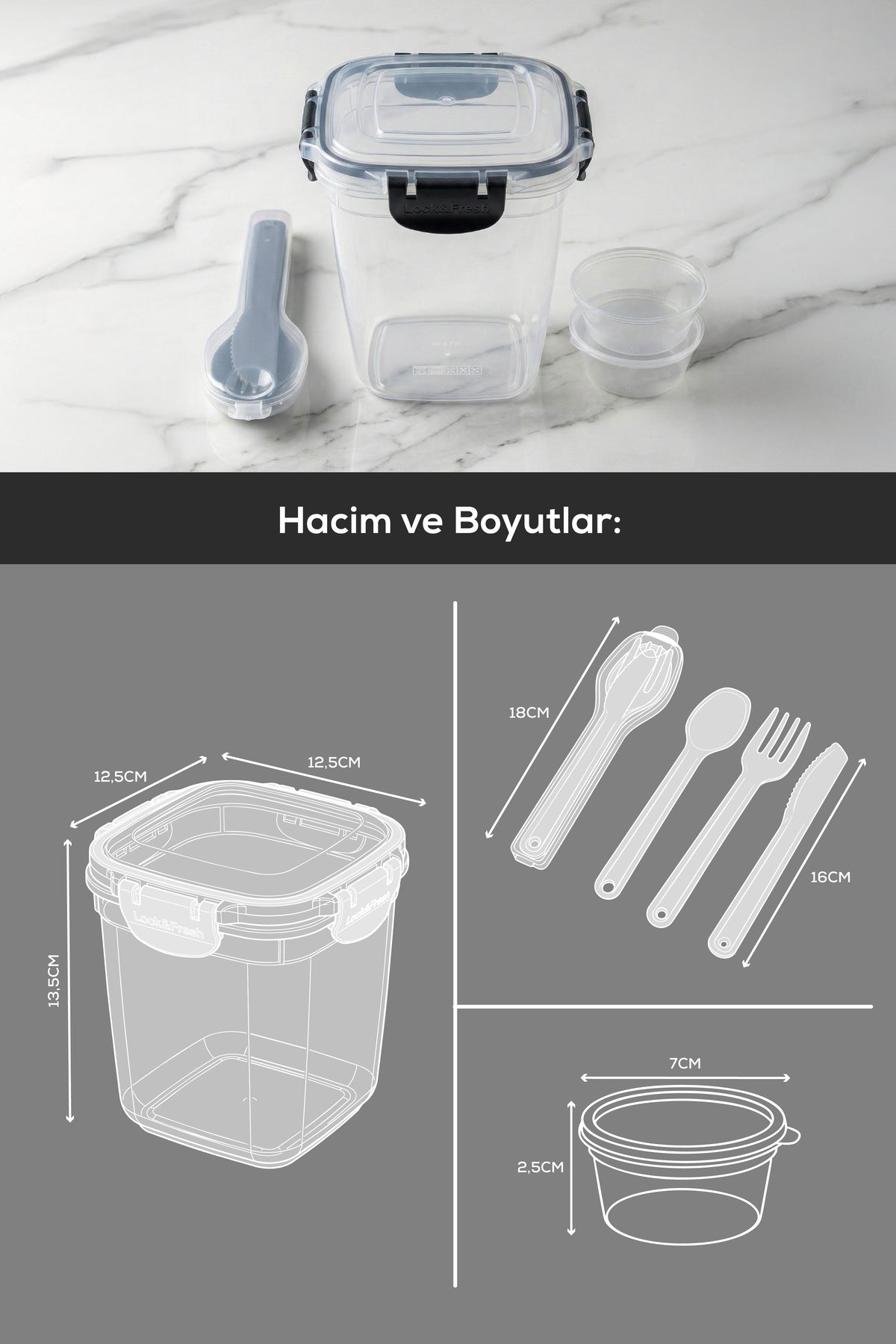Kilitli Kapak 1075ml Yemek Saklama Kabı - 2 Sosluk ve Kaşık Setli Pratik Öğün Kabı