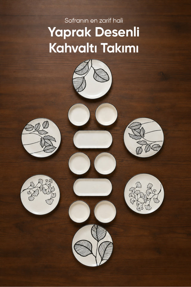Siyah Yaprak Desenli Seramik Kahvaltı Takımı · 14 Parça