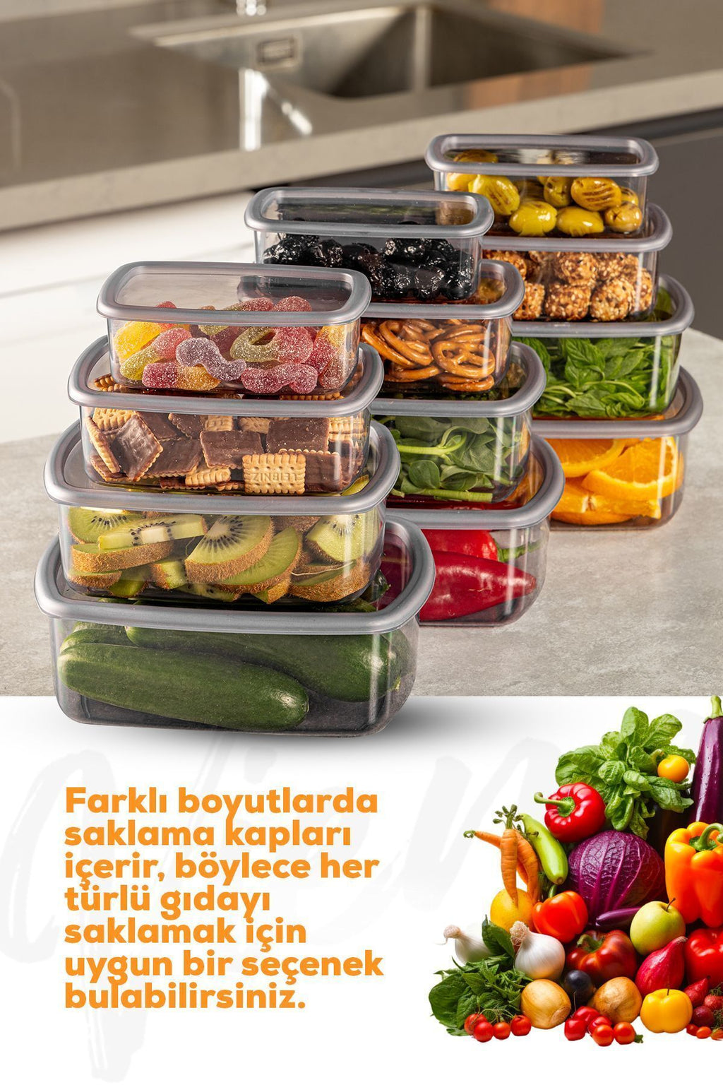 12'li Hava Geçirmez Saklama Kabı Seti Antrasit 3x(250-500-750-1200 ML)