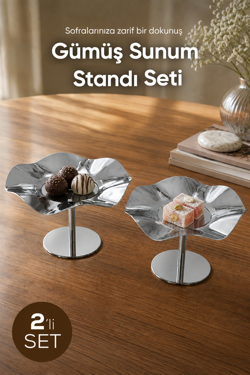 2'li Gümüş Renk Dalgalı Metal Sunum Standı - Şık ve Dekoratif İkramlık Standı