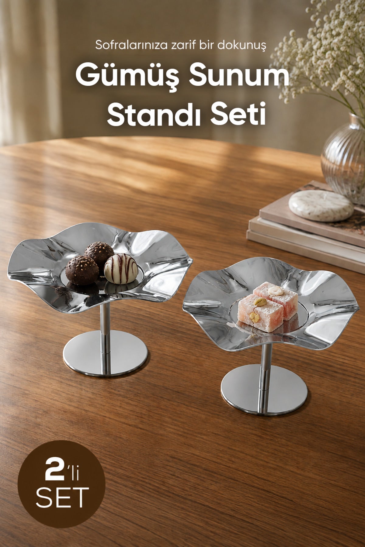 2'li Gümüş Renk Dalgalı Metal Sunum Standı - Şık ve Dekoratif İkramlık Standı
