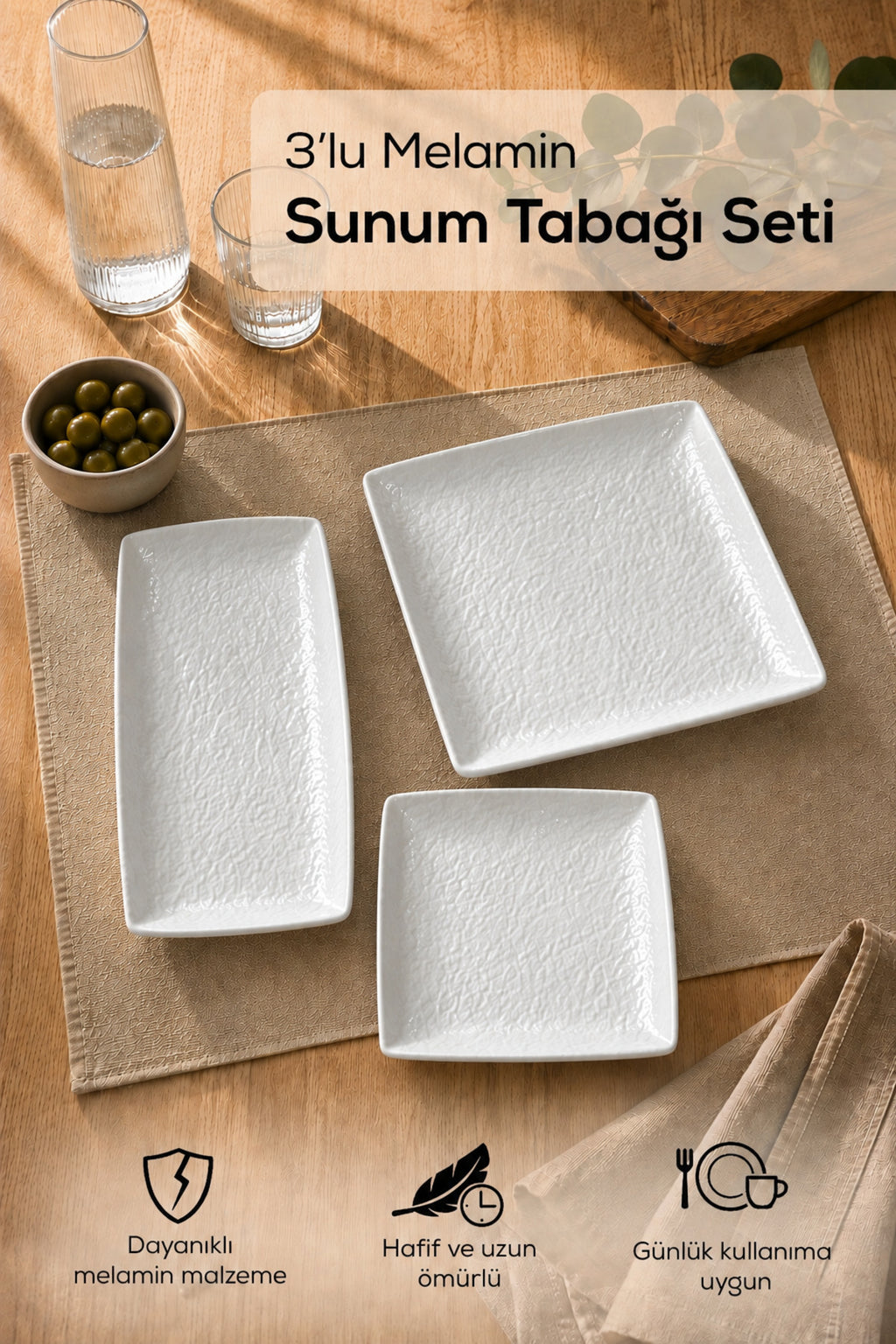 3 Adet Melamin Sunum Tabağı Seti, Sunum Tabağı,Servis Tabağı-Desenli Kırılmaz Servis Tabağı- Beyaz