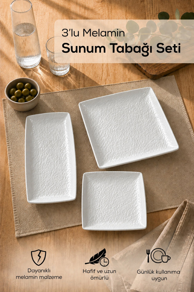 Beyaz Desenli Melamin Sunum Tabağı · 3'lü