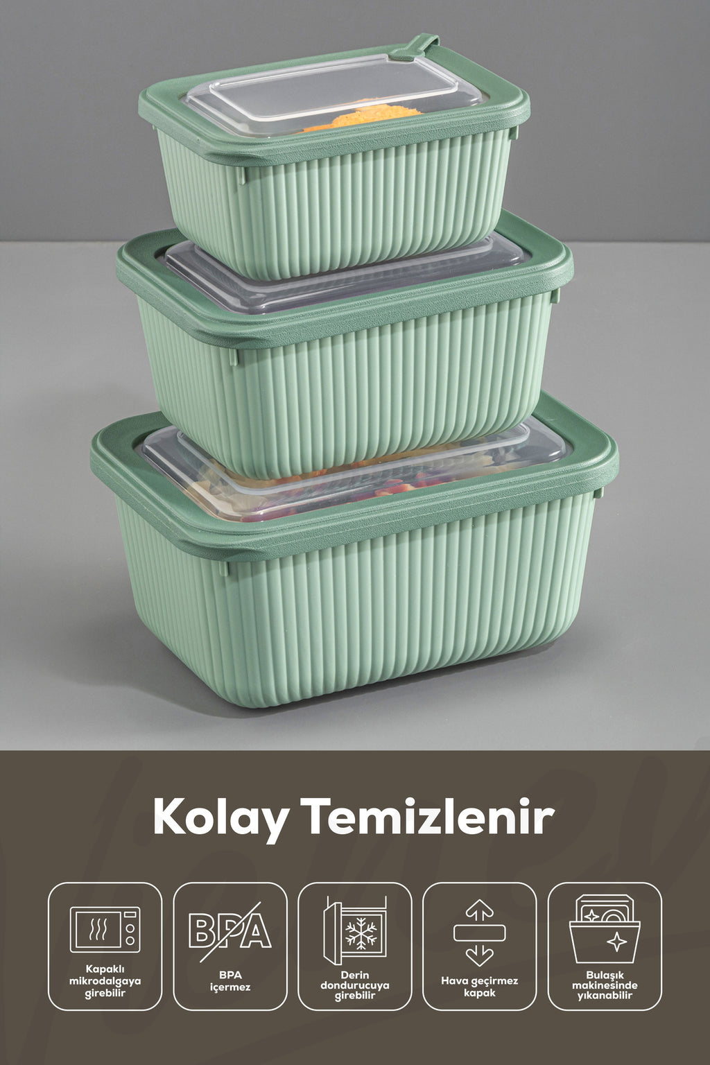 9'lu Vip Dikdörtgen Mikrodalga Ve Difrize Uygun Saklama Kabı Seti Yeşil 3x(1750,1050,600 ml)