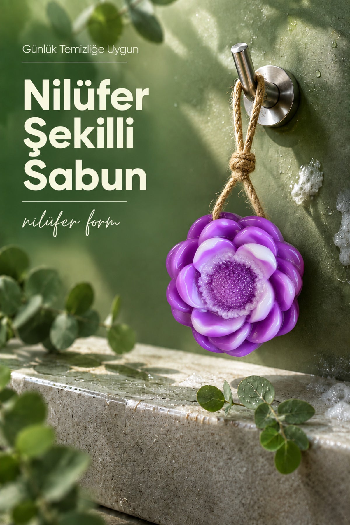Mor Nilüfer Şekilli Katı Sabun 8x4,5 cm Asılabilir Dekoratif Banyo El Sabun
