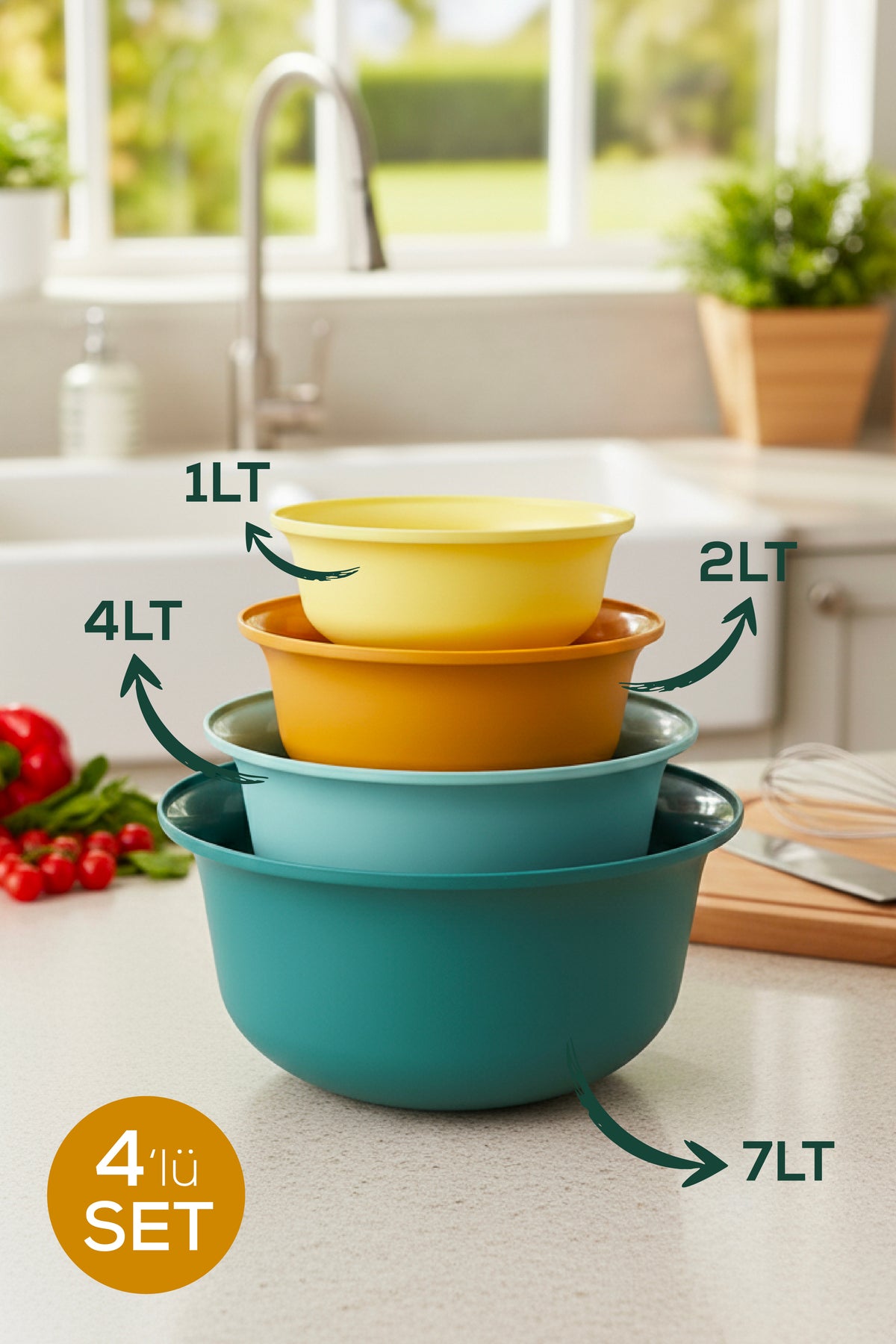4'lü Renkli Karıştırma Kabı Seti | 7 lt, 4 lt, 2 lt, 1 lt