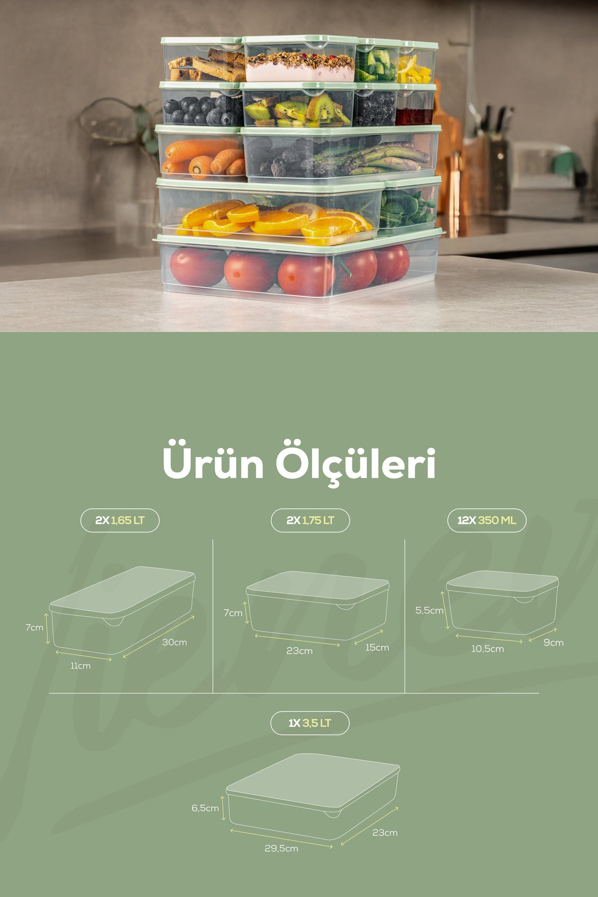 17'li Buzdolabı Dondurucu Organizer Ve Saklama Kabı Mint 12x(350ML) 2x(1,65LT) 2x(1,75LT) 1x(3,5LT)
