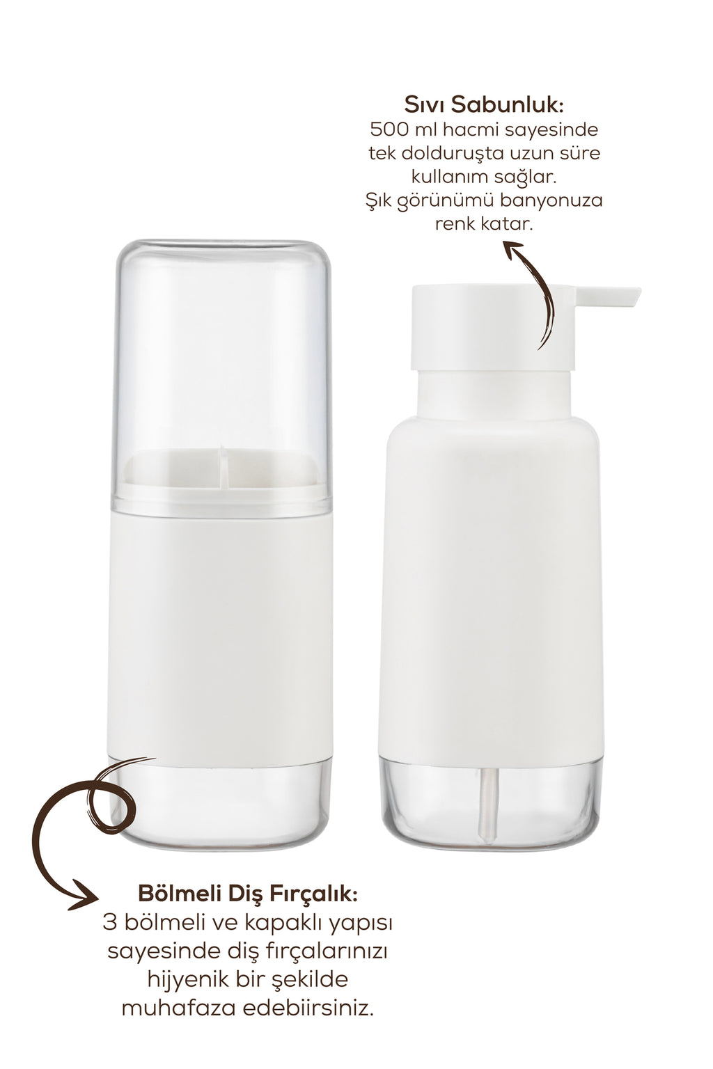 Modern Diş Fırçalık ve Sıvı Sabunluk Beyaz 500 ml | Banyo Seti