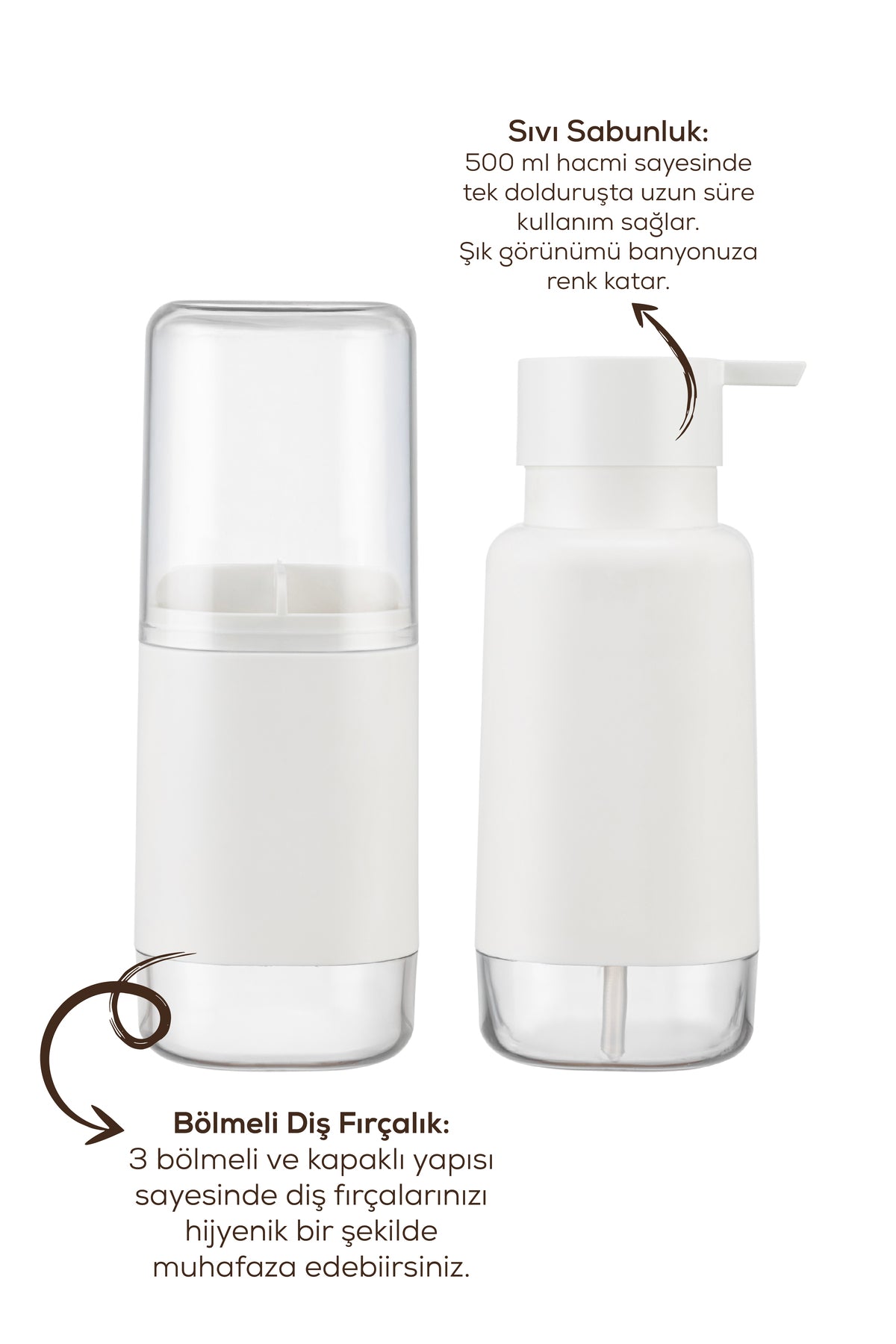 Modern Diş Fırçalık ve Sıvı Sabunluk Beyaz 500 ml | Banyo Seti