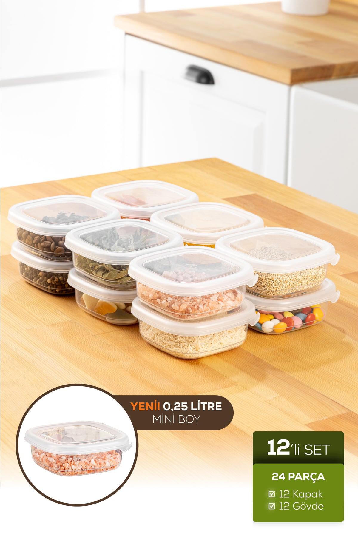 12'li Etiketli Hava Geçirmez Erzak ve Baharat Saklama Kabı Seti 0,25 Lt Beyaz