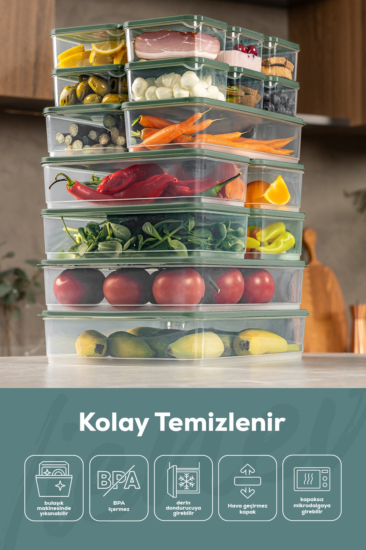 20'li Buzdolabı Düzenleyici Organizer Mikrodalgaya Uygun Difriz Saklama Kabı Yeşil