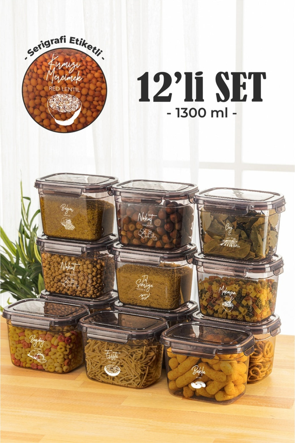 12li 1,3 Litre Contalı Dikdörtgen Saklama Kabı Seti Serigrafi Etiketli