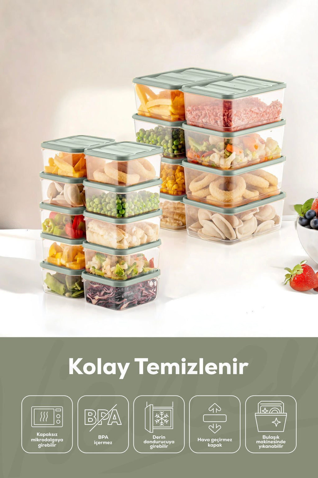 18'li Buzdolabı Düzenleyici Organizer Mikrodalgaya Uygun Difriz Saklama Kabı Mint