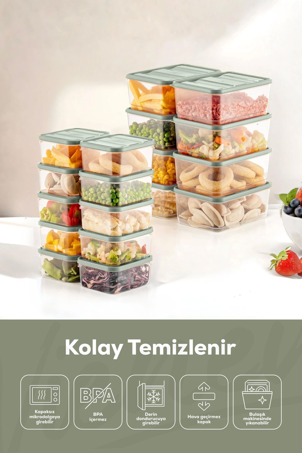18'li Buzdolabı Düzenleyici Organizer Mikrodalgaya Uygun Difriz Saklama Kabı Mint