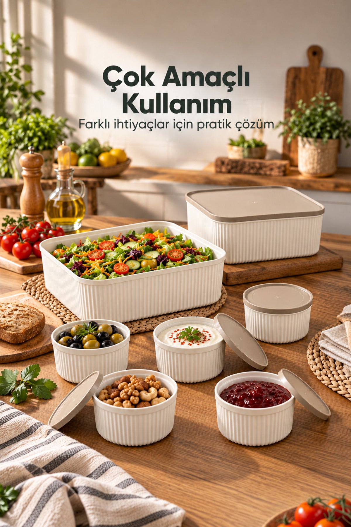 6'lı 2x2400 ml Kare 4x325 ml Yuvarlak Saklama Kabı Seti Mutfak ve Buzdolabı Düzenleyici