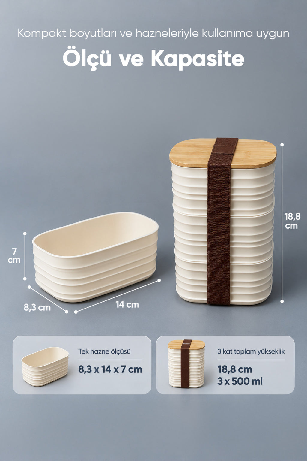 3'lü 500 ml Oval Dalgalı Desenli Bantlı Saklama Kabı Bambu Kapaklı Taşınabilir Beslenme Seti