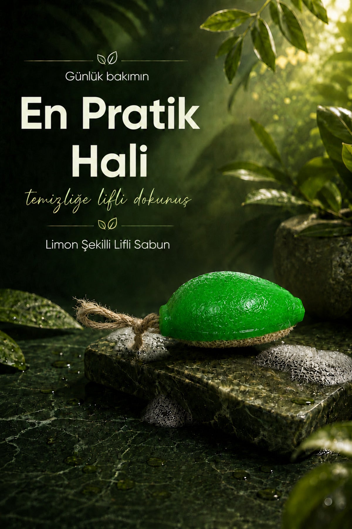 Yeşil Limon Şekilli Lifli Katı Sabun 10,5x8x4,4 cm Peeling Etkili Asılabilir Dekoratif Banyo El Sabunu