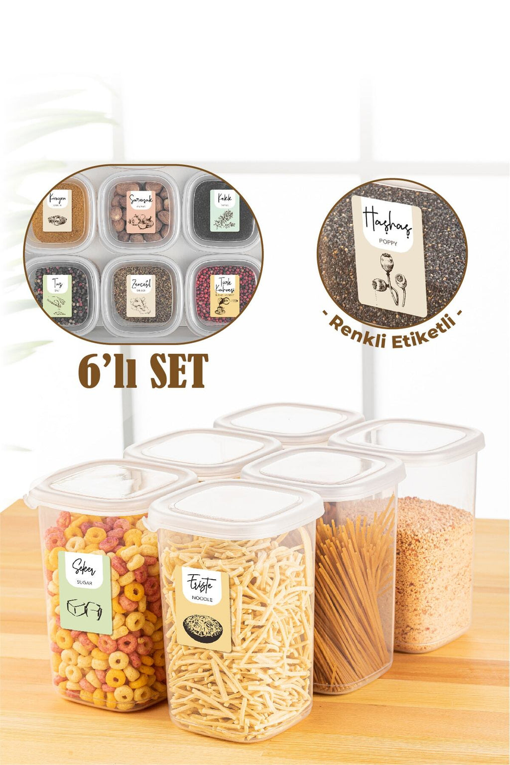 Renkli Etiketli 6lı 1,2 Litre Peggy Kare Erzak Saklama Kabı Beyaz