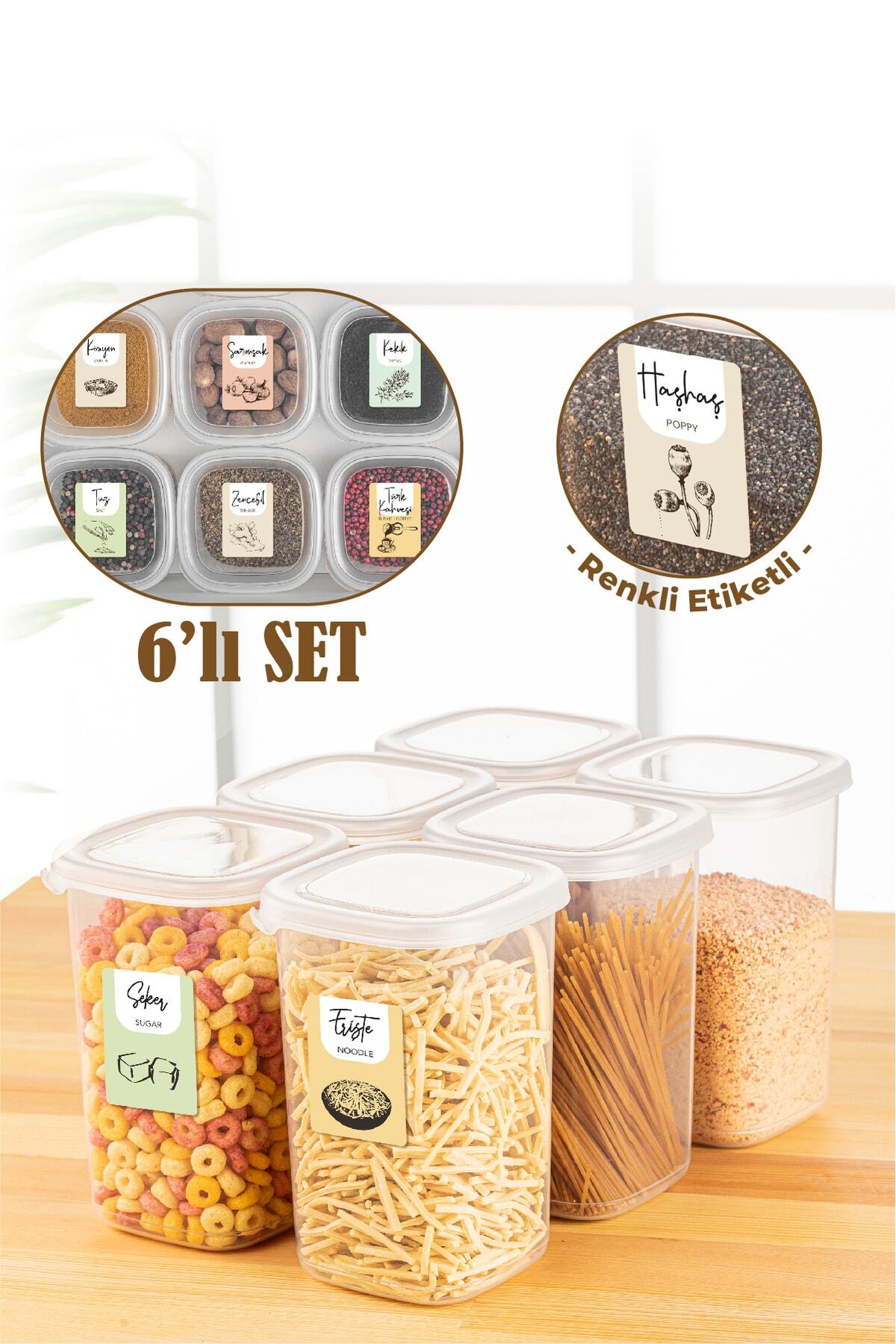 Renkli Etiketli 6lı 1,2 Litre Peggy Kare Erzak Saklama Kabı Beyaz