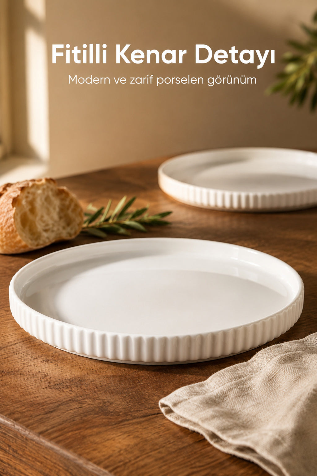 2 Parça 20 cm Porselen Servis Tabağı Seti - Modern Çizgili Yuvarlak Sunum Tabağı