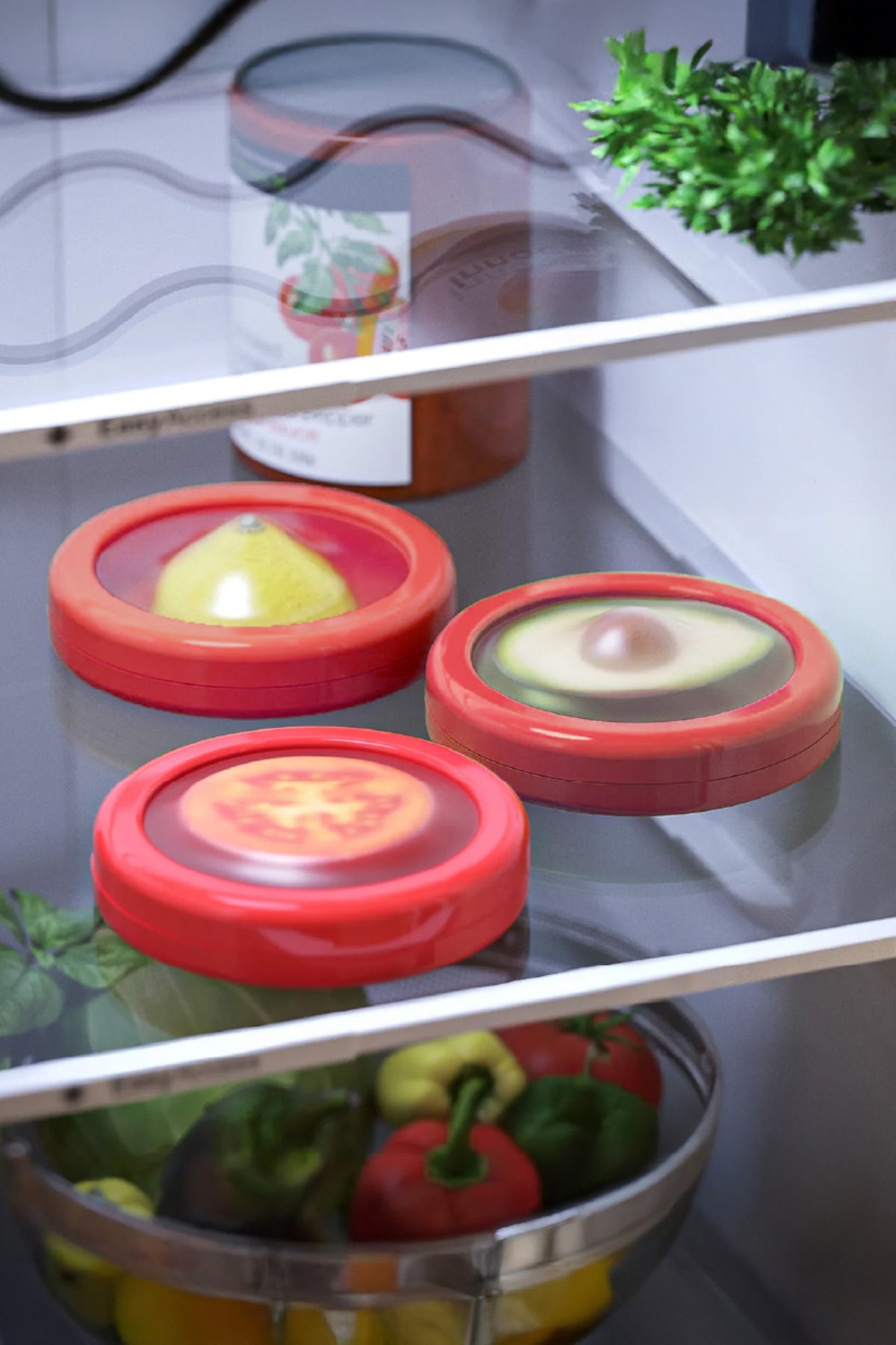 3'lü Buzdolabı Için Yarım Meyve Ve Sebze Koruma Kabı - Limon, Soğan, Domates Saklama Kutusu Kırmızı