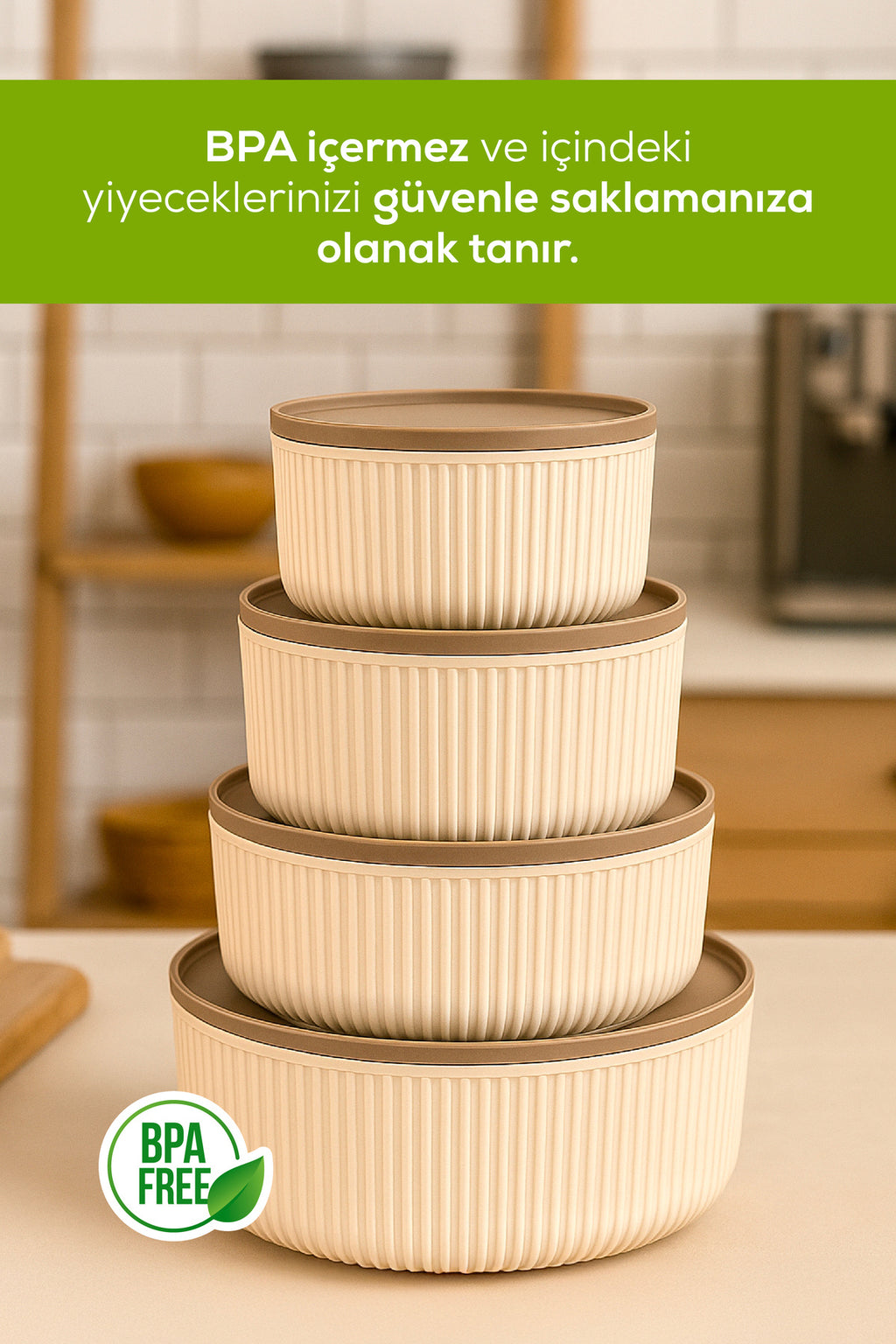 8'li Yuvarlak Saklama Kabı Seti Çizgili Bej | 2.5 1.5 0.80 0.45 L | Mikrodalga Ve Dondurucu Uyumlu